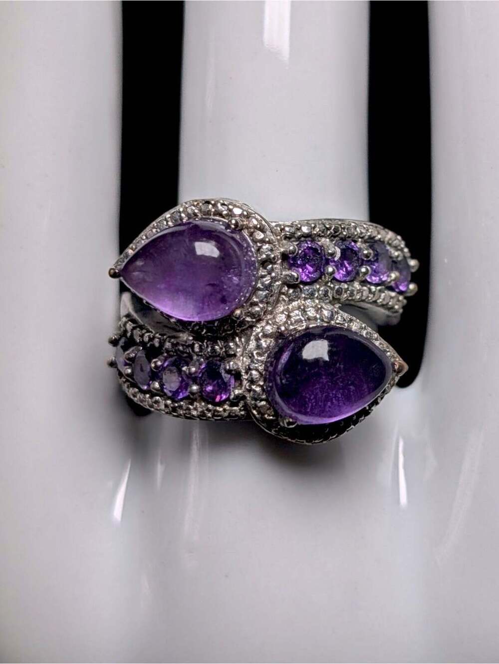 Vintage Twin Cabochon Cut Genuine Amethyst Wrap Silver Tone Ring